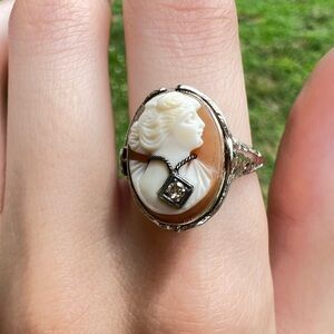 14k White Gold Art Deco Cameo Old European Cut Diamond and Onyx Flip Ring